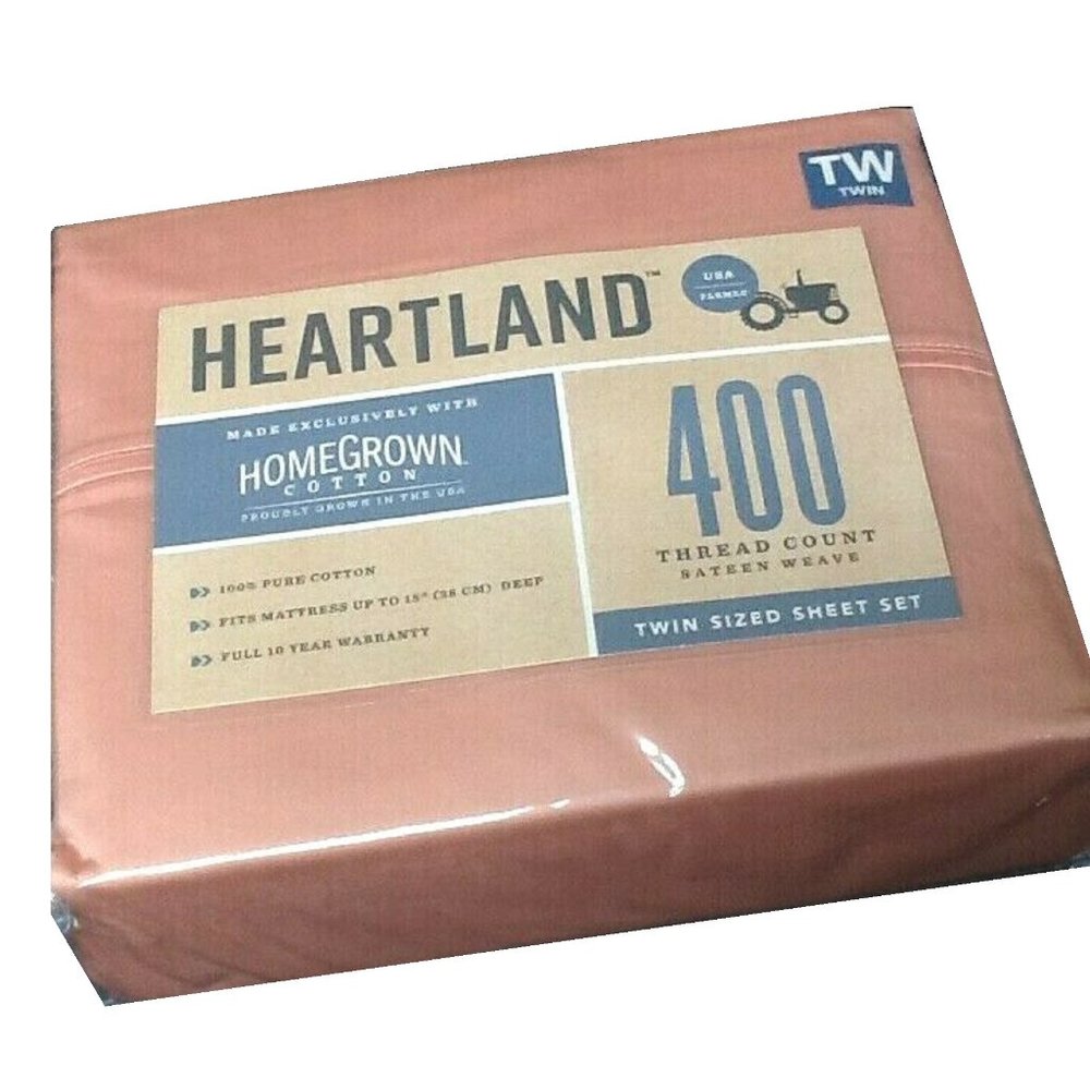 new 3-piece PEACH Heartland 400 TC 100% Cotton Sateen-Weave TWIN Sheet Set - Picture 2 of 4